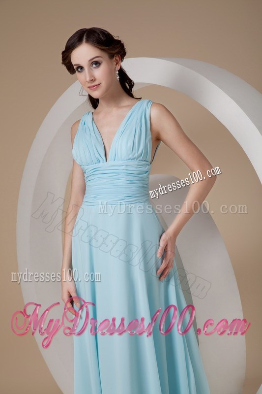 Simple Aqua Blue Column Sheath V-neck Prom Evening Dress with Straps