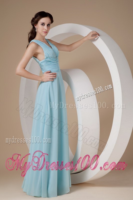 Simple Aqua Blue Column Sheath V-neck Prom Evening Dress with Straps