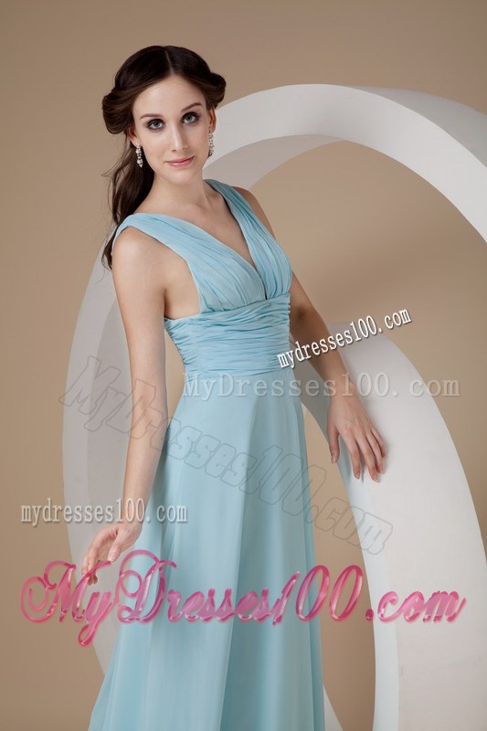 Simple Aqua Blue Column Sheath V-neck Prom Evening Dress with Straps