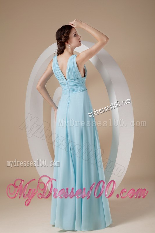 Simple Aqua Blue Column Sheath V-neck Prom Evening Dress with Straps