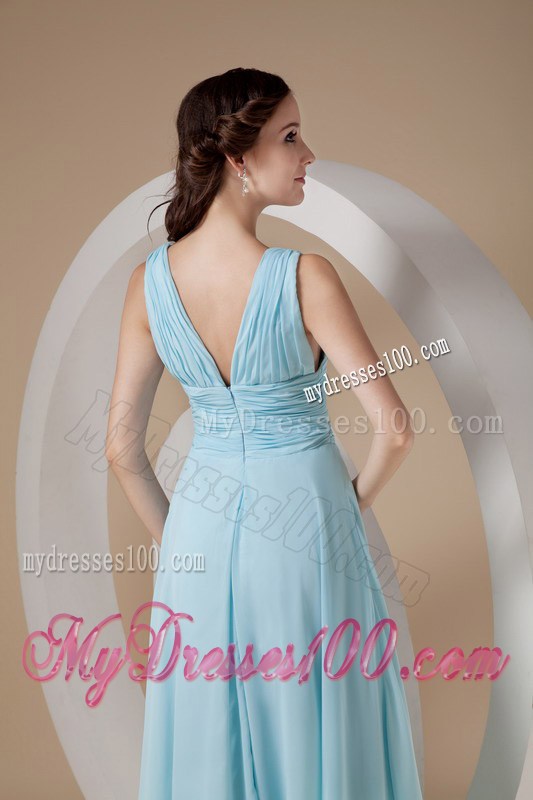 Simple Aqua Blue Column Sheath V-neck Prom Evening Dress with Straps