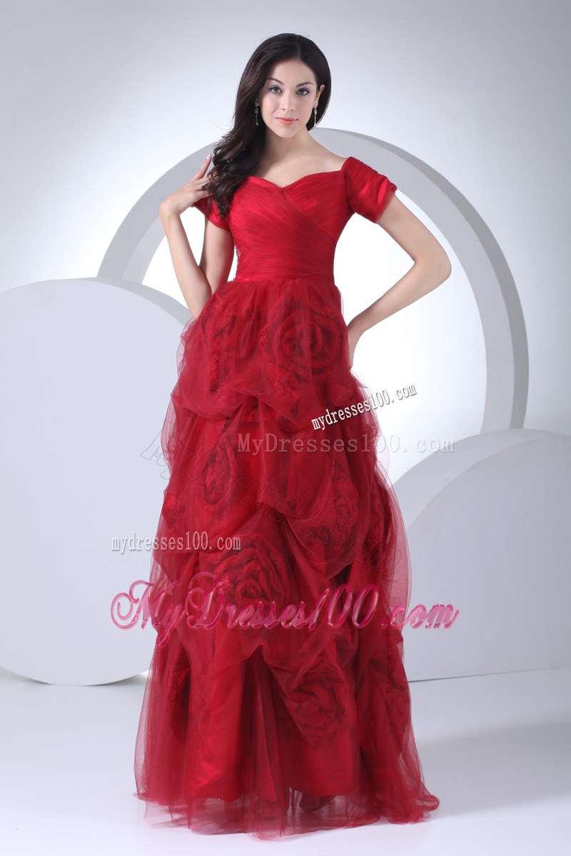 Rolling Flowers and Short Sleeves Accent Prom Dress in Wine Red