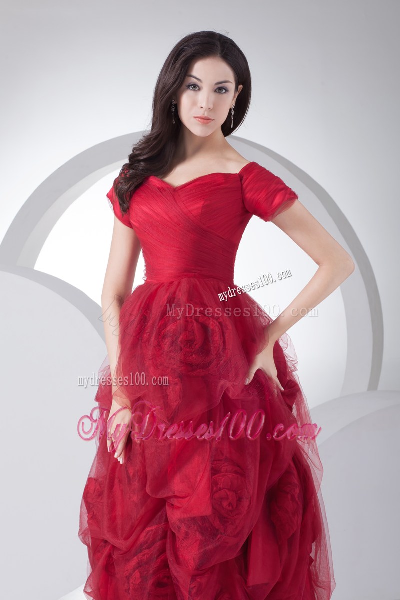 Rolling Flowers and Short Sleeves Accent Prom Dress in Wine Red