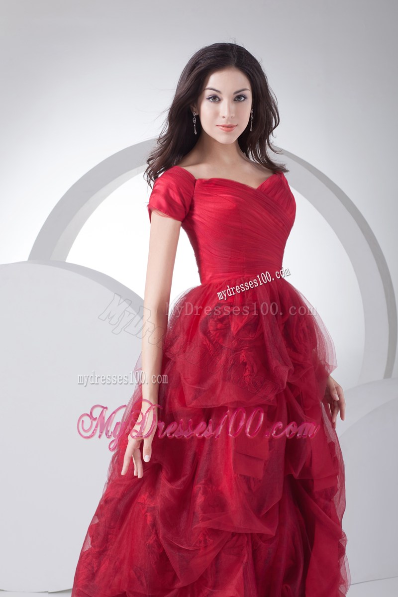 Rolling Flowers and Short Sleeves Accent Prom Dress in Wine Red