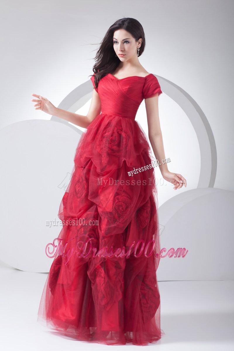 Rolling Flowers and Short Sleeves Accent Prom Dress in Wine Red