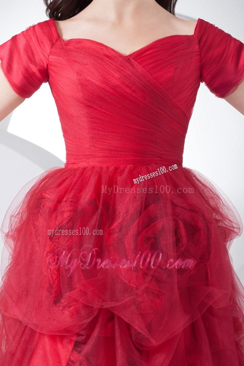 Rolling Flowers and Short Sleeves Accent Prom Dress in Wine Red