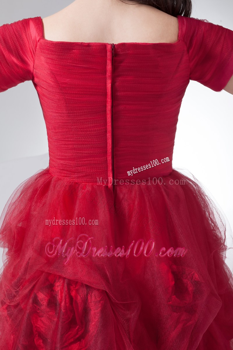Rolling Flowers and Short Sleeves Accent Prom Dress in Wine Red