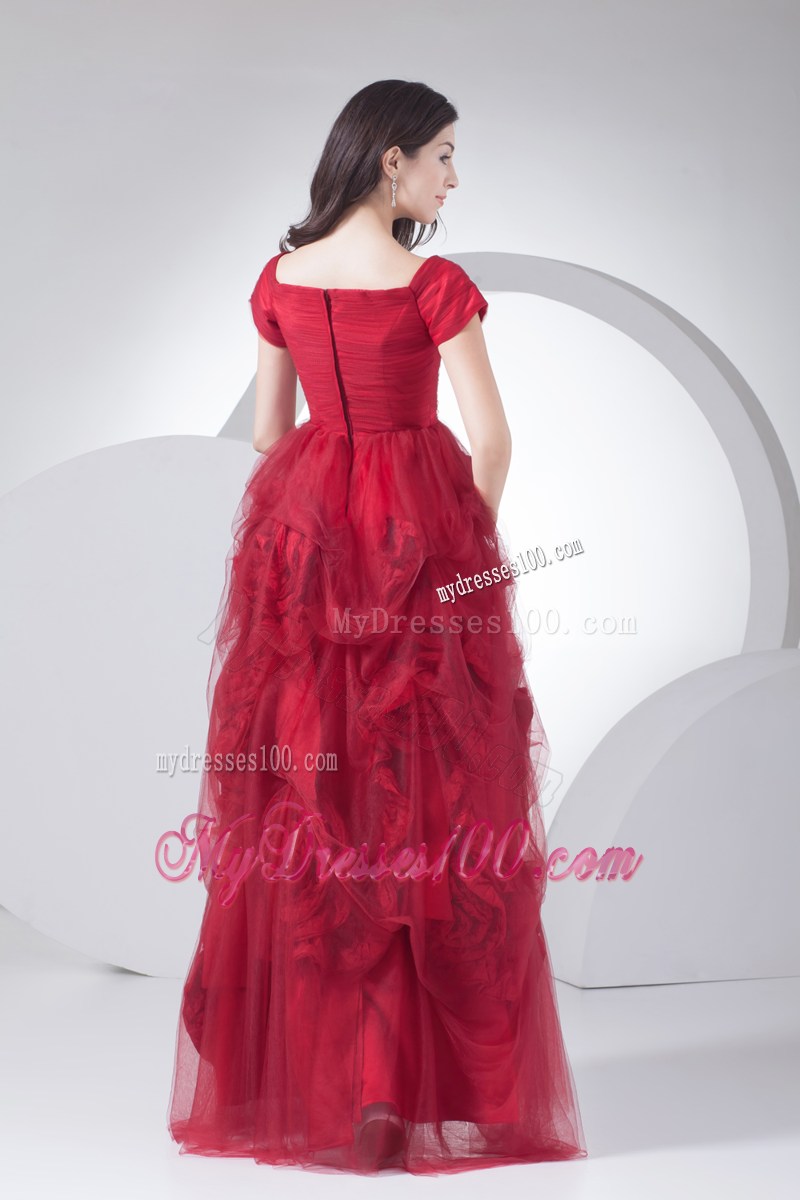 Rolling Flowers and Short Sleeves Accent Prom Dress in Wine Red