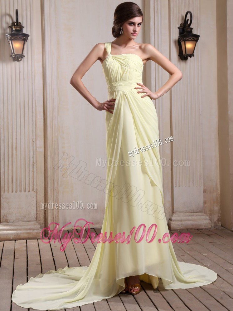 Yellow Green Court Train Chiffon Prom Dress with One Shoulder