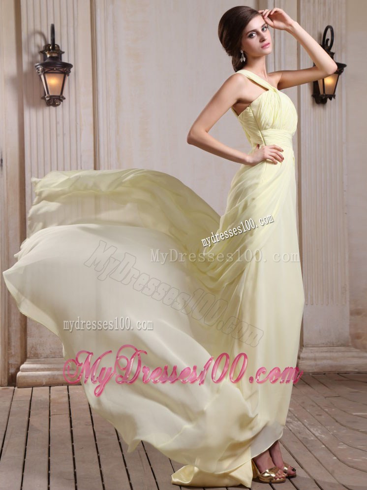 Yellow Green Court Train Chiffon Prom Dress with One Shoulder