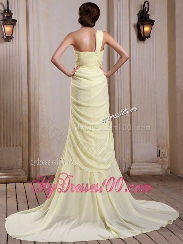 Yellow Green Court Train Chiffon Prom Dress with One Shoulder