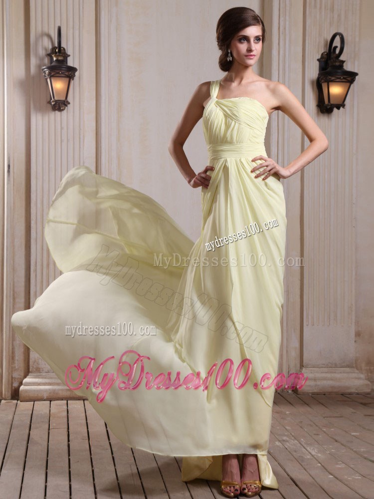 Yellow Green Court Train Chiffon Prom Dress with One Shoulder