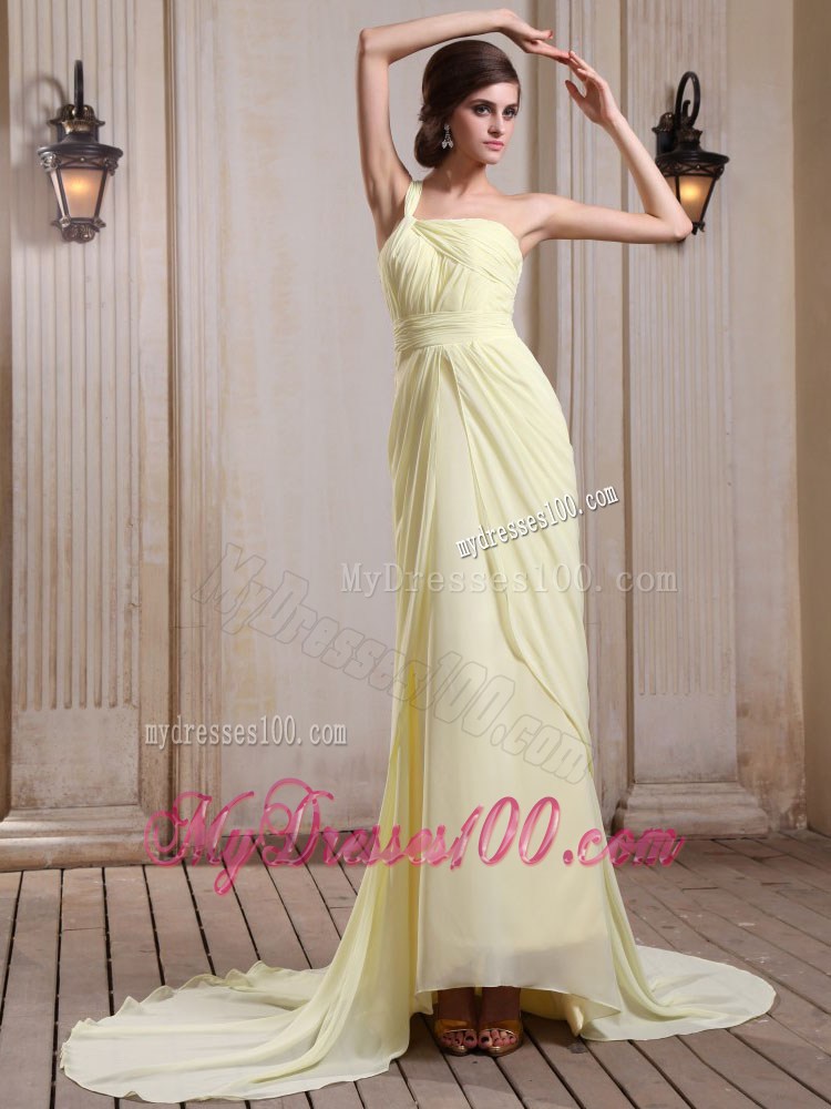 Yellow Green Court Train Chiffon Prom Dress with One Shoulder