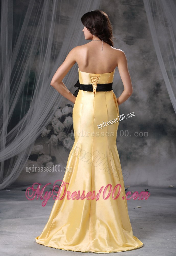 Mermaid Yellow Floor-length Prom Dress with Black Bowknot and Sash
