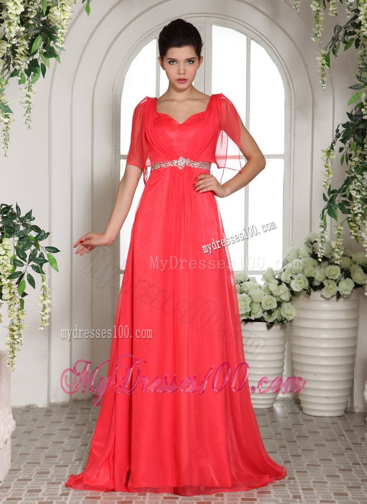 Pretty Coral Red Square Beading Decorated Prom Dress with short Sleeves