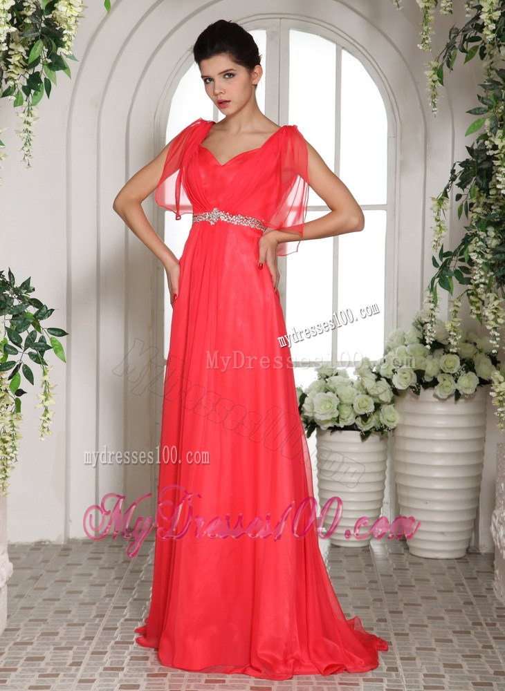 Pretty Coral Red Square Beading Decorated Prom Dress with short Sleeves