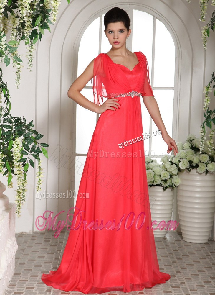 Pretty Coral Red Square Beading Decorated Prom Dress with short Sleeves