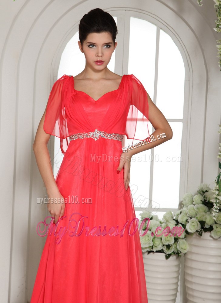 Pretty Coral Red Square Beading Decorated Prom Dress with short Sleeves