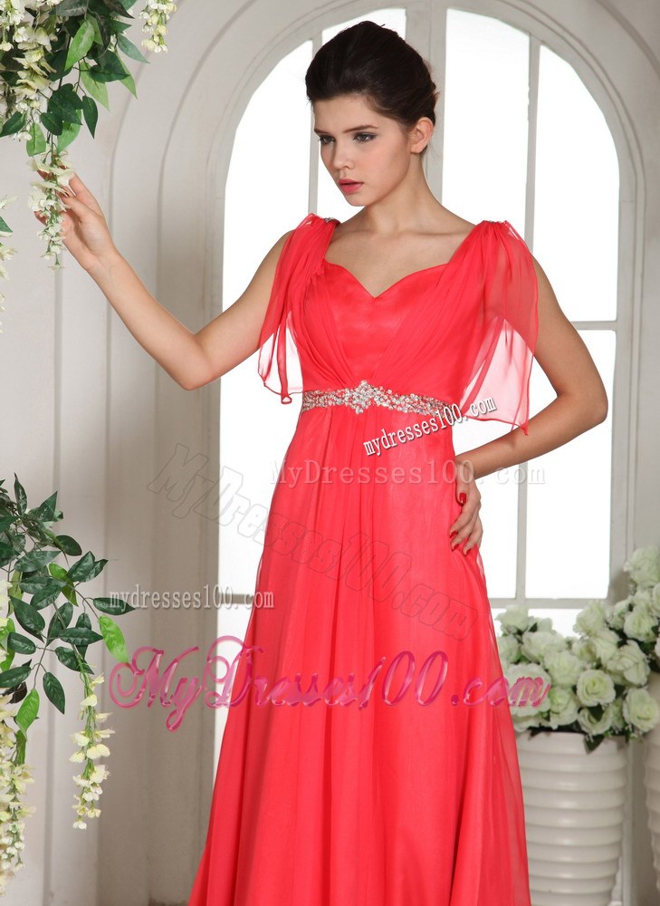 Pretty Coral Red Square Beading Decorated Prom Dress with short Sleeves