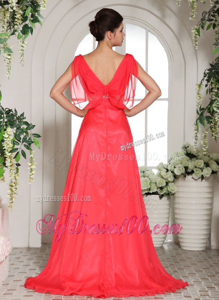 Pretty Coral Red Square Beading Decorated Prom Dress with short Sleeves