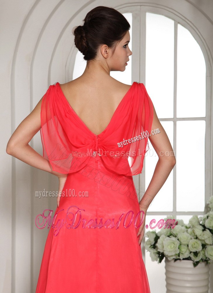 Pretty Coral Red Square Beading Decorated Prom Dress with short Sleeves