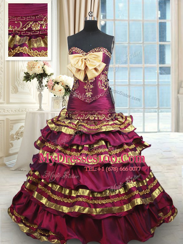 Popular Burgundy A-line Sweetheart Sleeveless Taffeta With Brush Train Lace Up Beading and Ruffled Layers and Bowknot Quince Ball Gowns