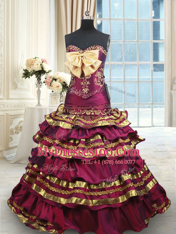 Popular Burgundy A-line Sweetheart Sleeveless Taffeta With Brush Train Lace Up Beading and Ruffled Layers and Bowknot Quince Ball Gowns