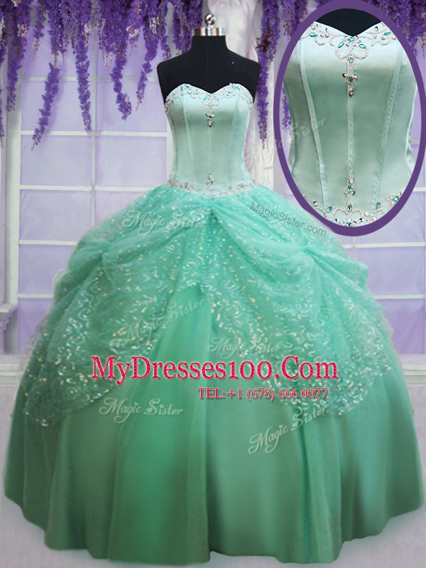 Floor Length Apple Green Quinceanera Gowns Tulle Sleeveless Beading and Sequins