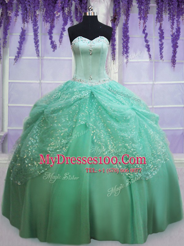 Floor Length Apple Green Quinceanera Gowns Tulle Sleeveless Beading and Sequins