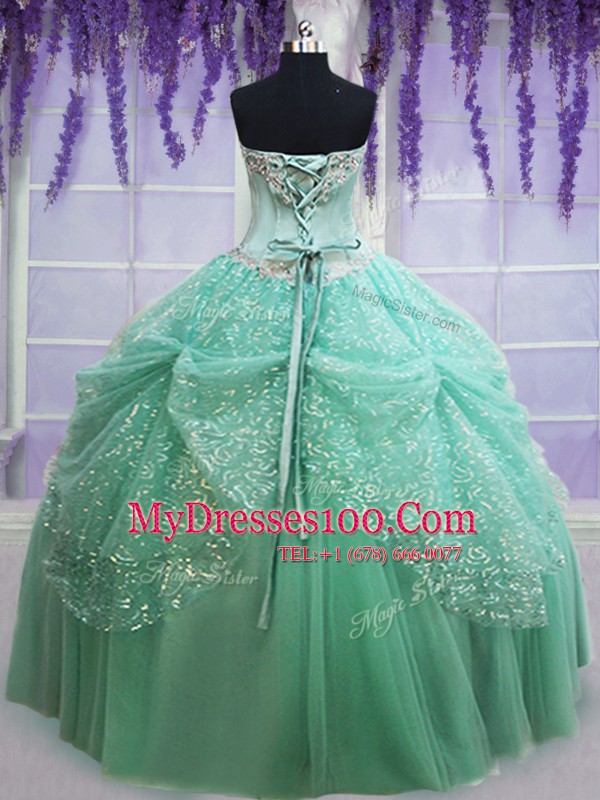 Floor Length Apple Green Quinceanera Gowns Tulle Sleeveless Beading and Sequins