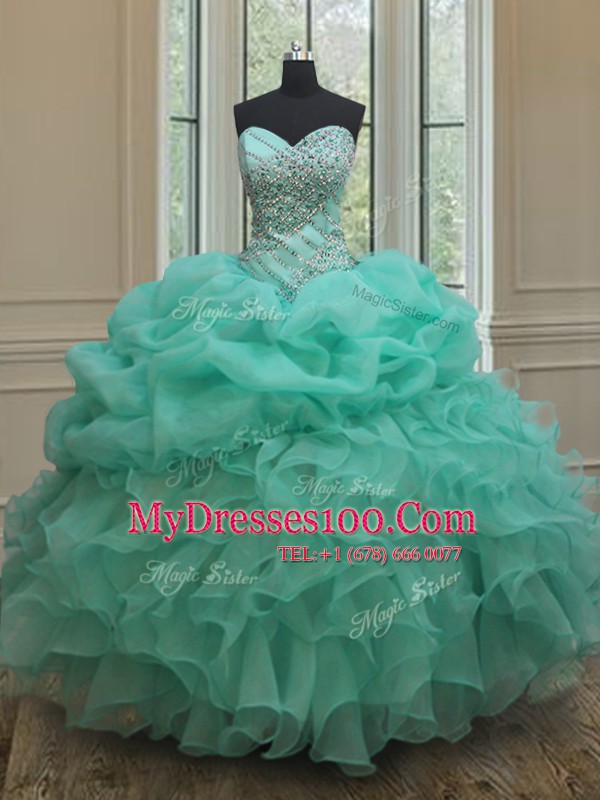 Affordable Sleeveless Lace Up Floor Length Beading and Ruffles and Pick Ups Ball Gown Prom Dress