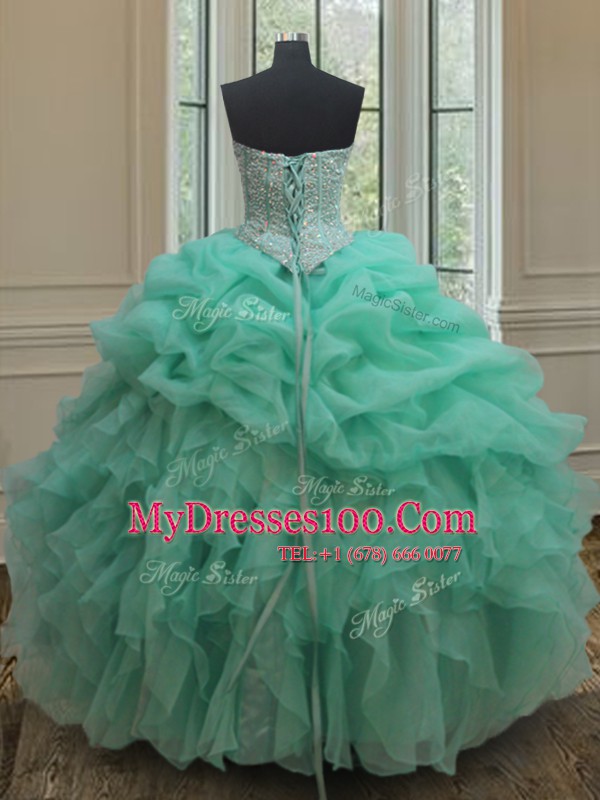 Deluxe Apple Green Ball Gowns Organza Sweetheart Sleeveless Beading and Ruffles and Pick Ups Floor Length Lace Up Vestidos de Quinceanera