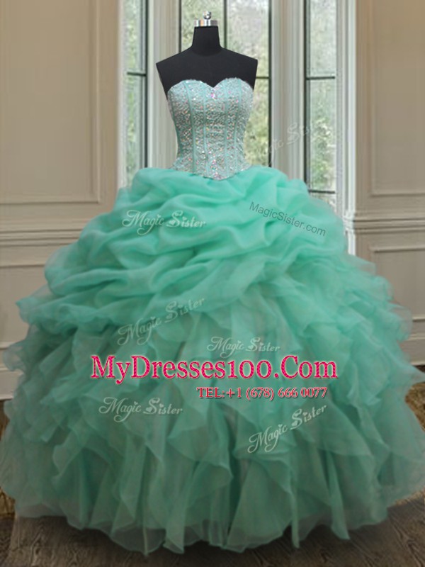 Deluxe Apple Green Ball Gowns Organza Sweetheart Sleeveless Beading and Ruffles and Pick Ups Floor Length Lace Up Vestidos de Quinceanera