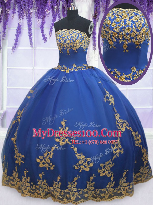 Blue Ball Gowns Organza Strapless Sleeveless Appliques Floor Length Zipper 15th Birthday Dress