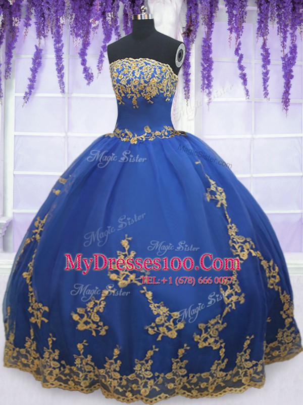 Blue Ball Gowns Organza Strapless Sleeveless Appliques Floor Length Zipper 15th Birthday Dress