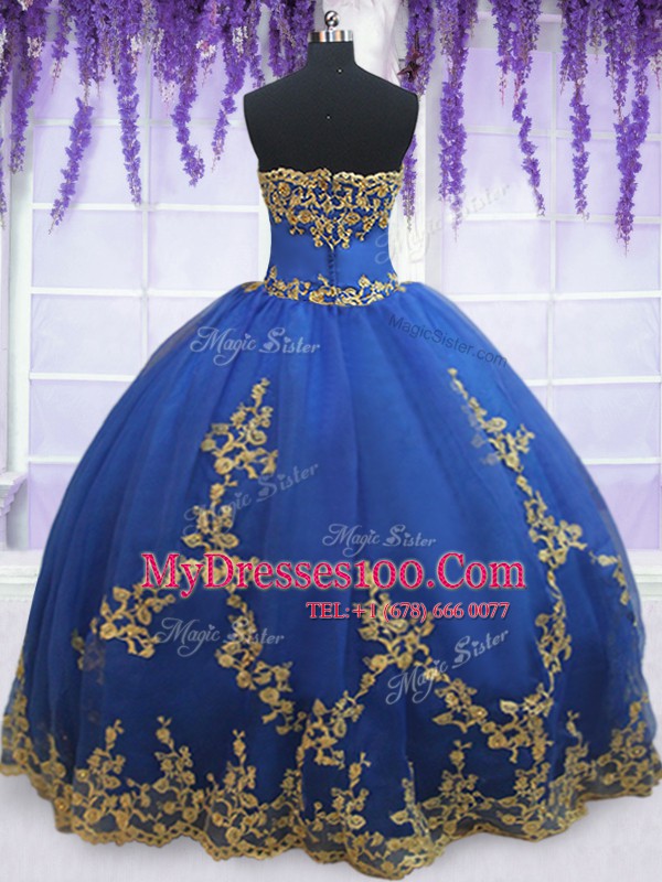 Blue Ball Gowns Organza Strapless Sleeveless Appliques Floor Length Zipper 15th Birthday Dress