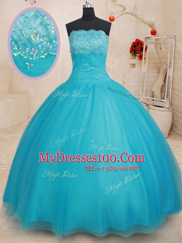 Low Price Scalloped Sleeveless Lace Up Quinceanera Gowns Aqua Blue Tulle