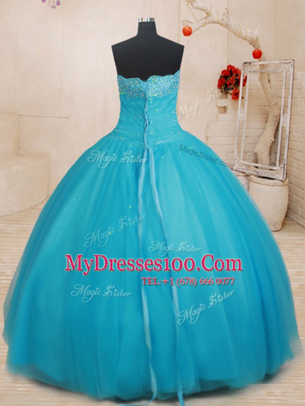 Low Price Scalloped Sleeveless Lace Up Quinceanera Gowns Aqua Blue Tulle