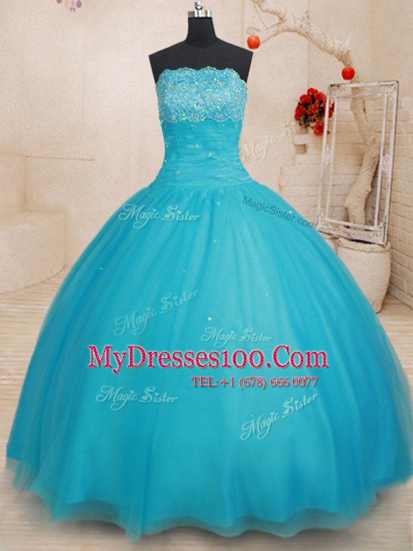 Low Price Scalloped Sleeveless Lace Up Quinceanera Gowns Aqua Blue Tulle