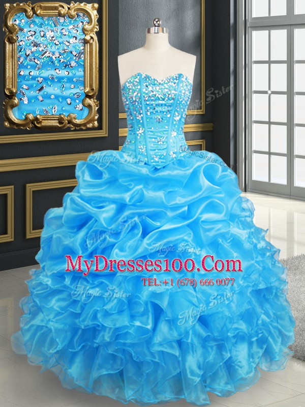 Fashionable Sweetheart Sleeveless Organza Ball Gown Prom Dress Beading and Ruffles and Pick Ups Lace Up