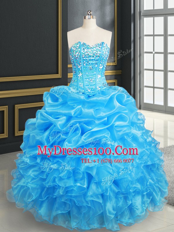 Fashionable Sweetheart Sleeveless Organza Ball Gown Prom Dress Beading and Ruffles and Pick Ups Lace Up