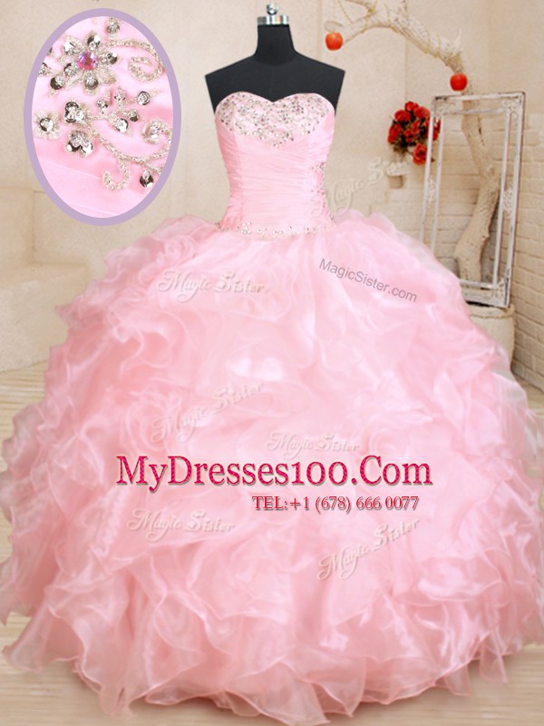 Sleeveless Organza Floor Length Lace Up 15th Birthday Dress in Baby Pink with Beading and Ruffles