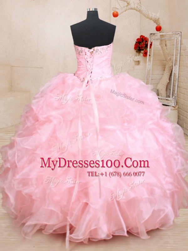 Sleeveless Organza Floor Length Lace Up 15th Birthday Dress in Baby Pink with Beading and Ruffles