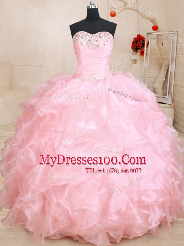 Sleeveless Organza Floor Length Lace Up 15th Birthday Dress in Baby Pink with Beading and Ruffles