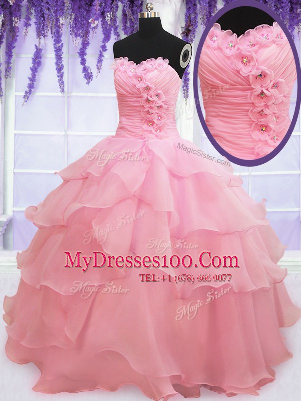 Baby Pink Organza Lace Up Sweet 16 Dresses Sleeveless Floor Length Beading and Hand Made Flower
