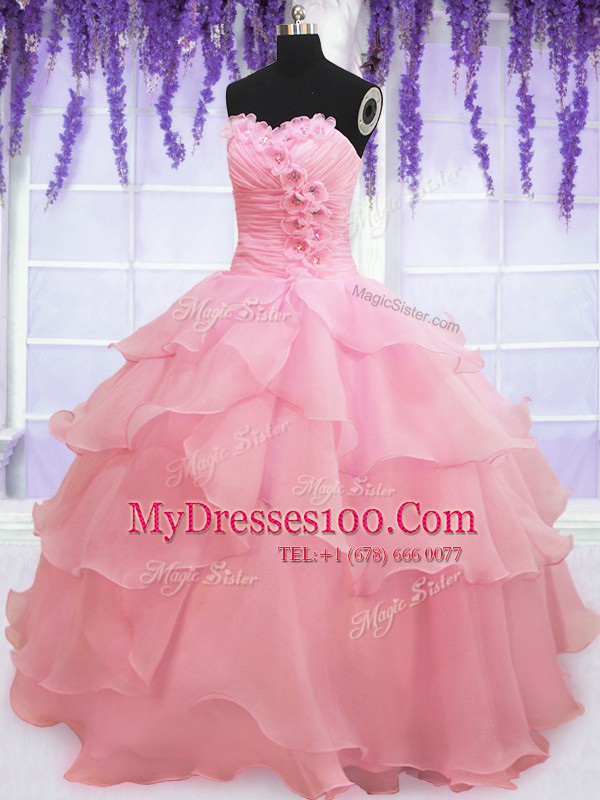 Baby Pink Organza Lace Up Sweet 16 Dresses Sleeveless Floor Length Beading and Hand Made Flower
