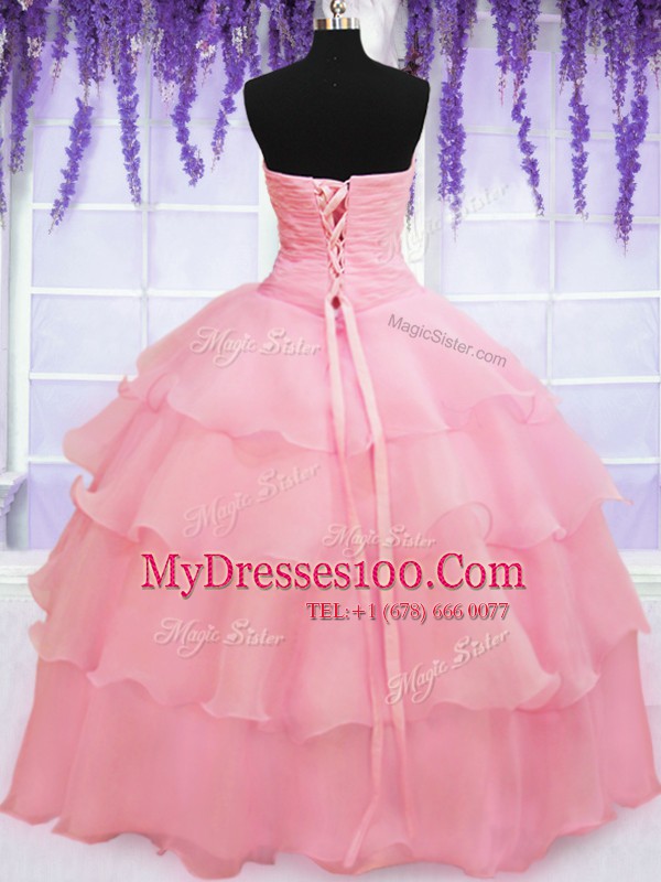 Baby Pink Organza Lace Up Sweet 16 Dresses Sleeveless Floor Length Beading and Hand Made Flower