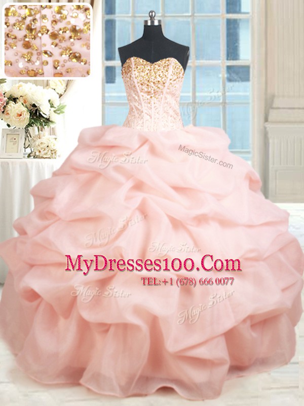 Baby Pink Organza Lace Up Quinceanera Gowns Sleeveless Floor Length Beading and Embroidery and Pick Ups
