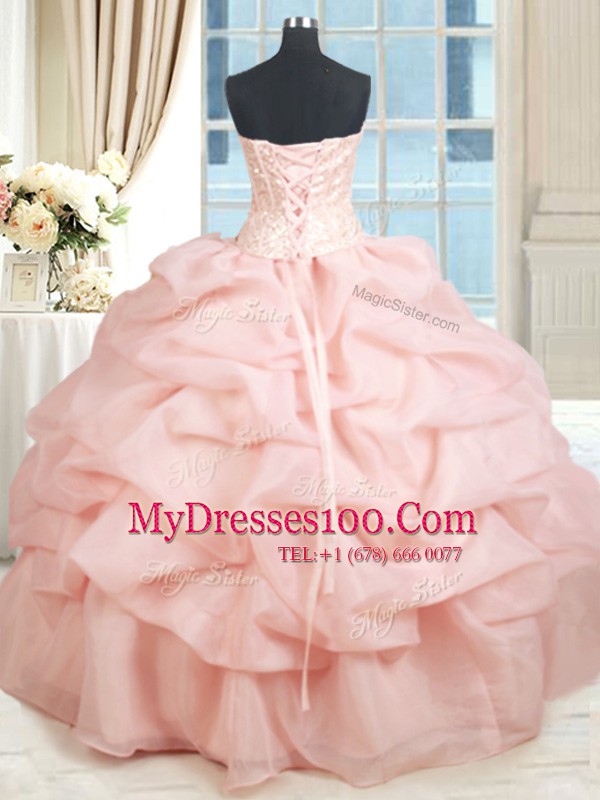 Baby Pink Organza Lace Up Quinceanera Gowns Sleeveless Floor Length Beading and Embroidery and Pick Ups