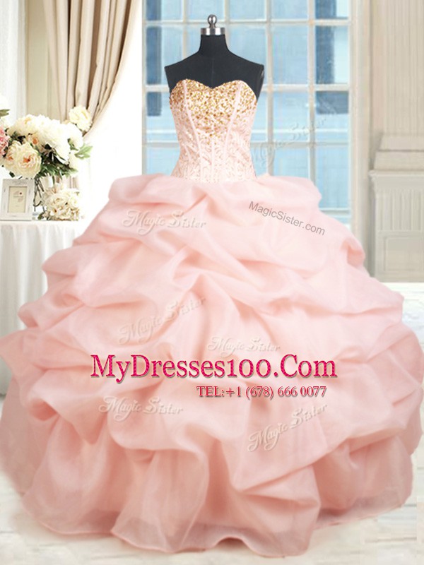 Baby Pink Organza Lace Up Quinceanera Gowns Sleeveless Floor Length Beading and Embroidery and Pick Ups